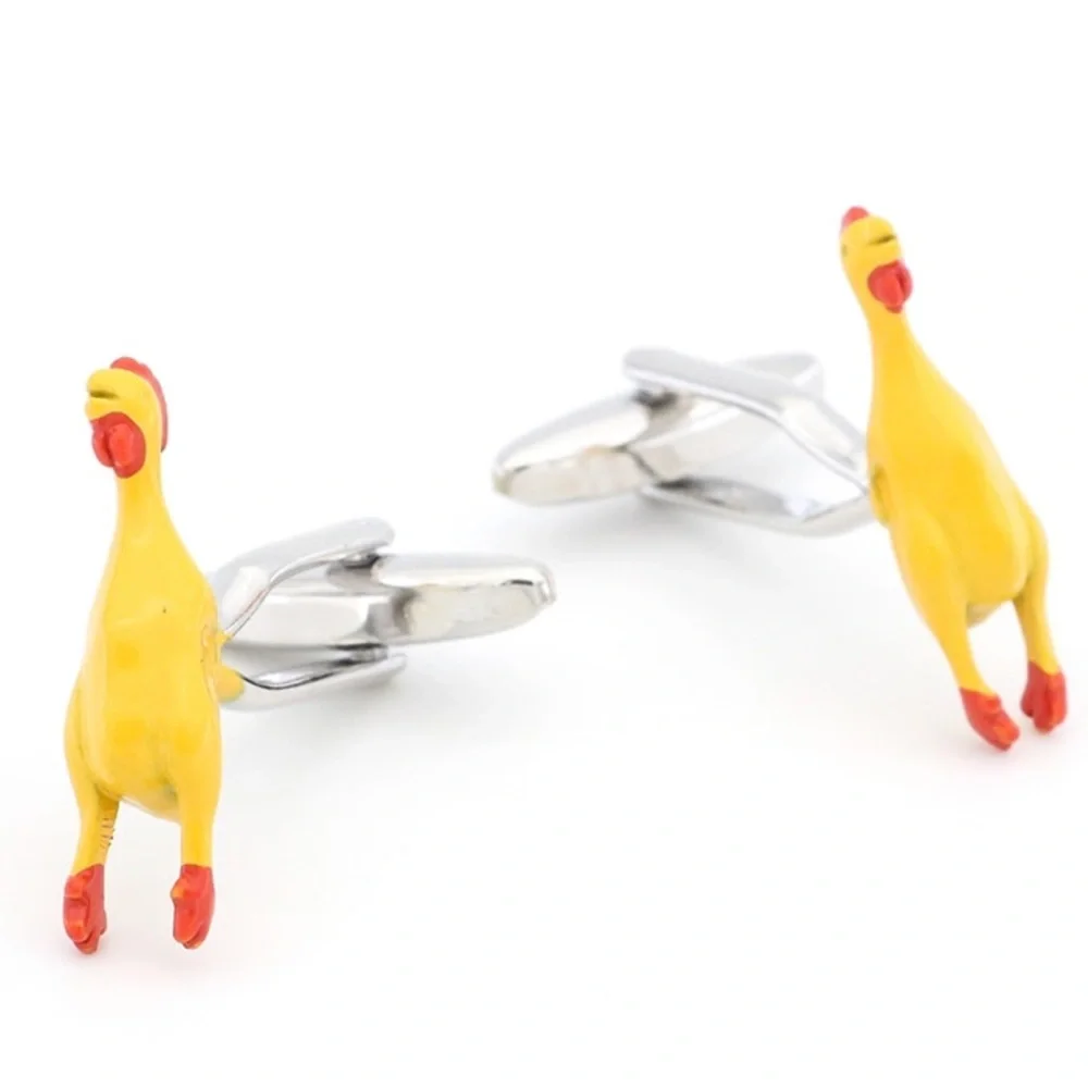 Hilarious rubber chicken men’s gag gift cuff links enamel and chrome.